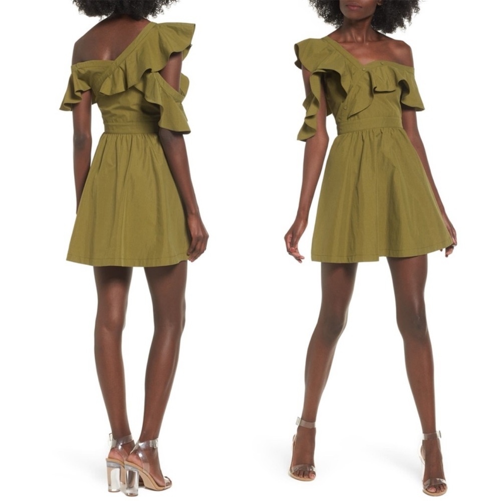 J.O.A. Olive Green Fit and Flare Ruffled Mini Dress Size XS